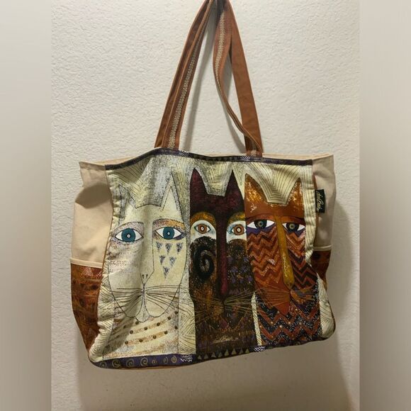 Laurel Burch Tres Gatos Shoulder Hand Bag Three Cats Vegan Cotton Zip Top - Picture 1 of 11